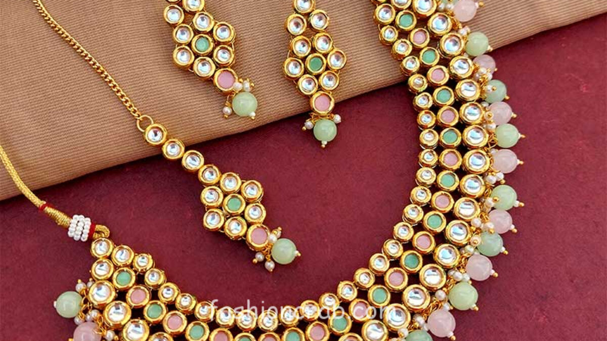 Pink Green Pearl and Kundan Jewellery Set by FashionCrab