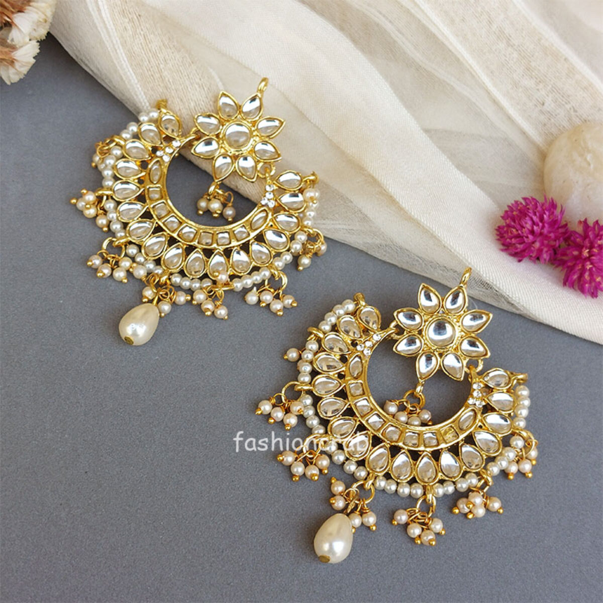 Light Peach Pearl Long Chandbali Earring for Party by FashionCrab
