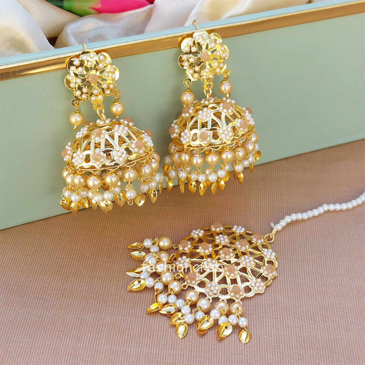 Multi coloured earrings and tikka set in mirror with pipal Patti in tr –  Timeless desires collection