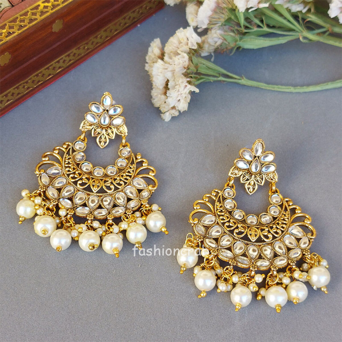 Light Peach Pearl Long Chandbali Earring for Party by FashionCrab