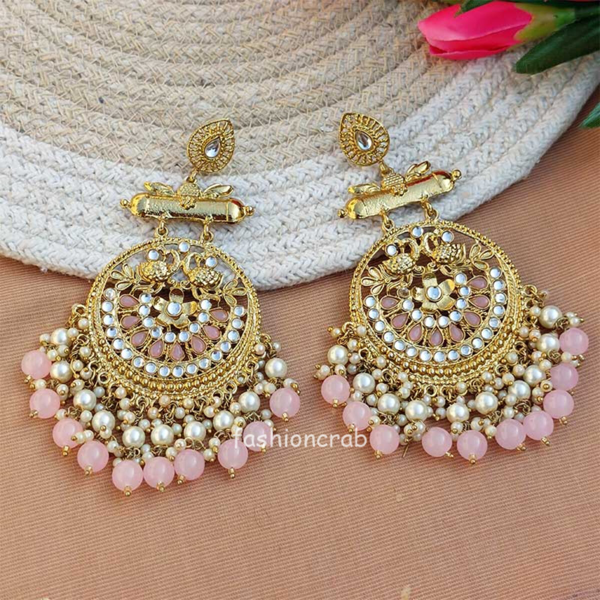Light Peach Pearl Long Chandbali Earring for Party by FashionCrab® 