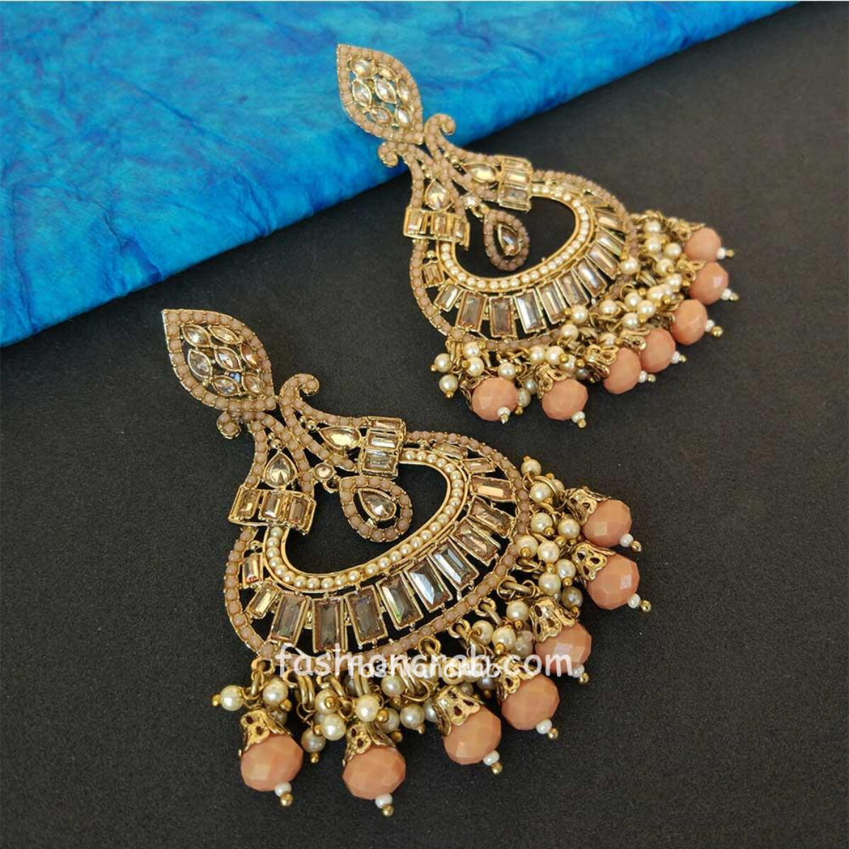 Light Peach Pearl Long Chandbali Earring for Party by FashionCrab® 