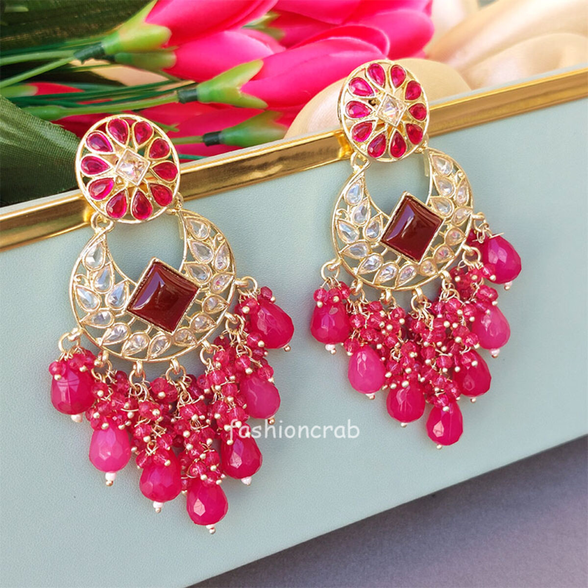 Dark pink meenakari earrings by Panigh | The Secret Label