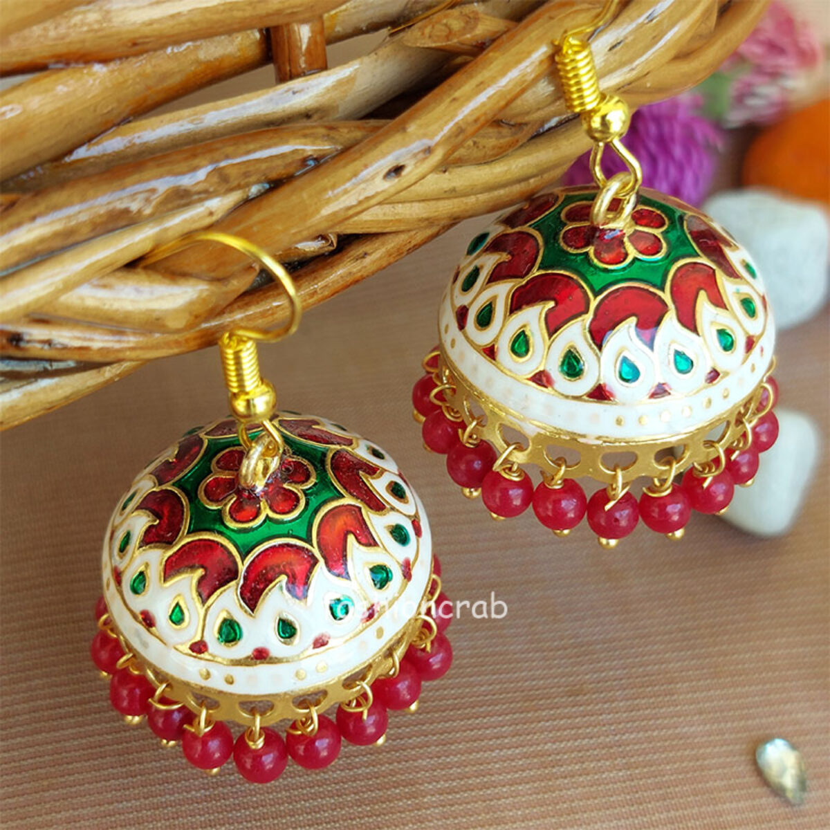 Red Jhumka Earrings With Studded Stones Jewelry 407JW06