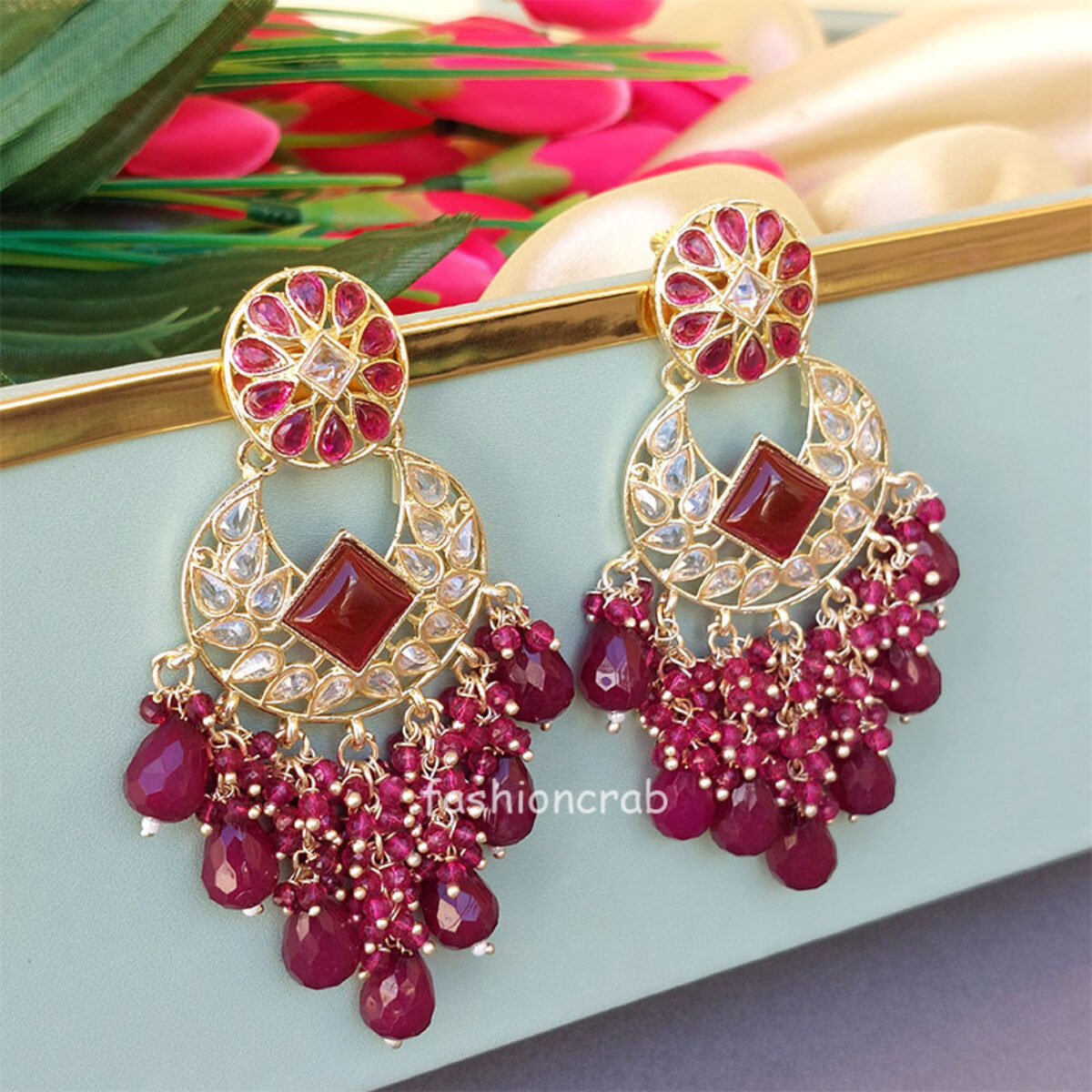 Glass stone CZ Necklace Earrings Mangtika set wine color – Swatam Fashion