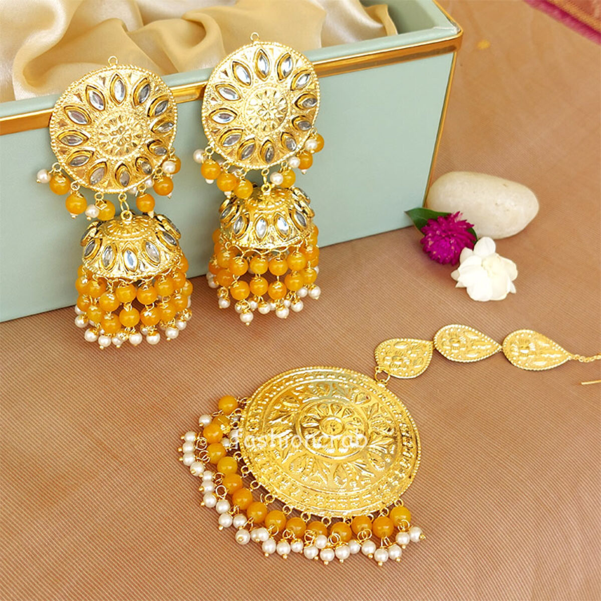Yellow Color Enamel Pearl Embellished Chandbali Earring | FashionCrab.com |  Chandbali earrings, Yellow pearl earrings, Online earrings