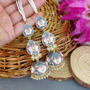 Alia Jhumka Earrings with Chain - Grey