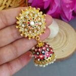 Pink Blue Kundan Jhumka Earring