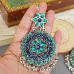 Oxidised Chandbali Earrings Blue Green
