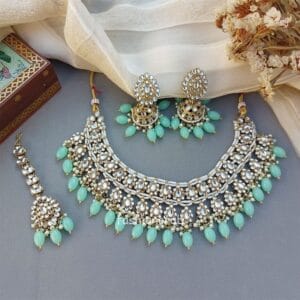 Sea Green Color Bridal Kundan Jewellery Set
