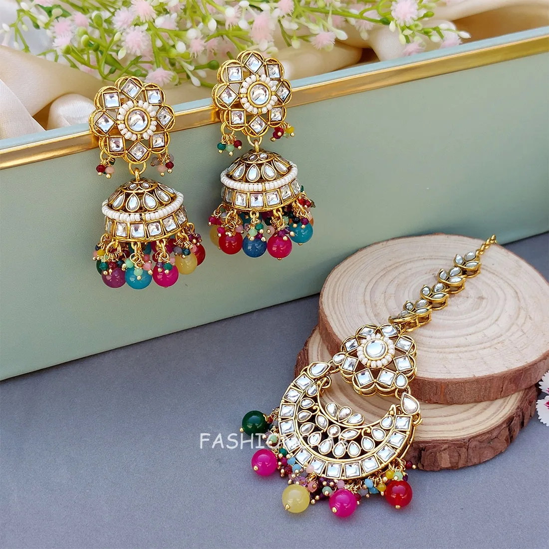 Nafisa Earrings and Maangtikka Set - Multicolor
