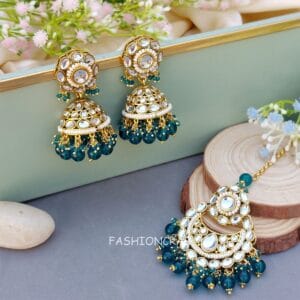 Rihanna Maangtikka with Earrings - Peacock Blue