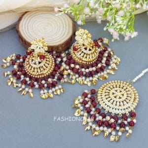 Maroon Heavy Jadau Jhumka Earrings for Punjabi Suit