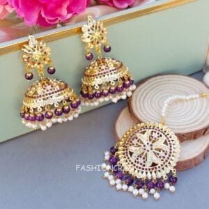 Tamanna Jadau Earrings with Maangtikka Purple