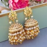 White Heavy Jadau Jhumka Earrings for Punjabi Suit