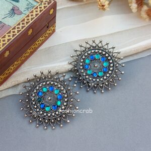 Blue Green Stud Oxidised Earrings