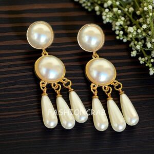 Gold Toned Long Pearl Drop Earrings