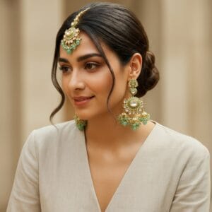 Ishira Kundan Earrings and Maangtikka - Green