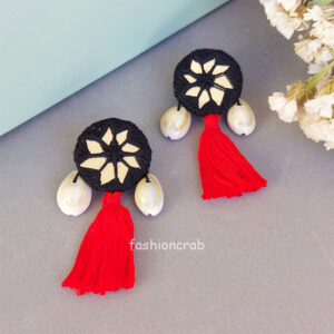 Red Black Mirror Work Earrings