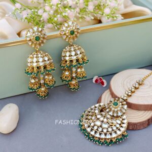 Zoya Earrings and Maangtikka Set - Peacock Green
