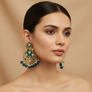 Geet Kundan Peacock Blue Chandbali Earrings