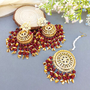 Maroon Heavy Jadau Jhumka Earrings for Punjabi Suit