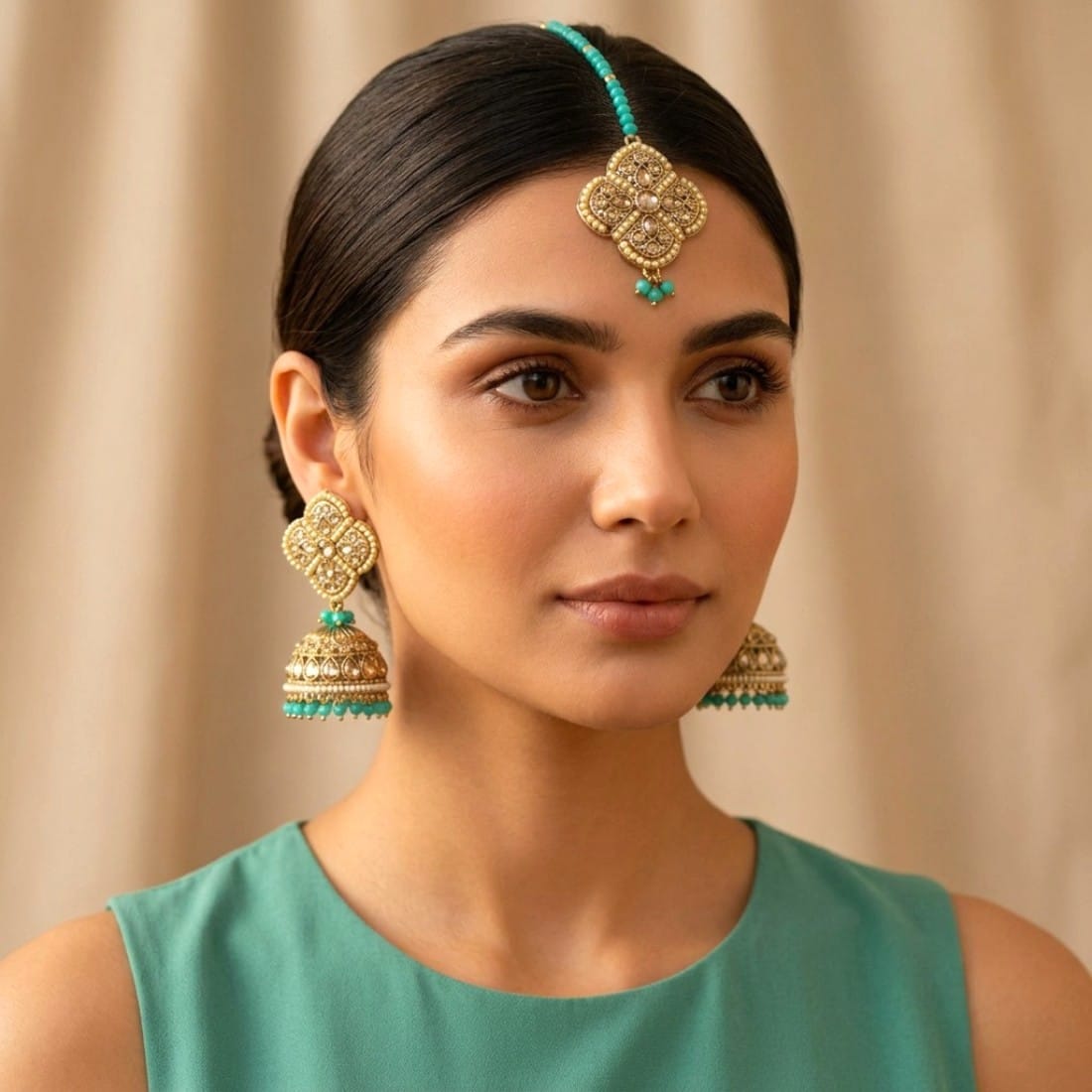Aamna Maang Tikka with Earrings - Sea Green