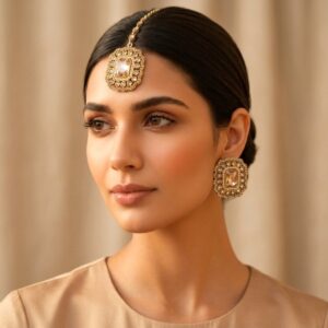 Champagne Color Earrings with Maangtikka Set