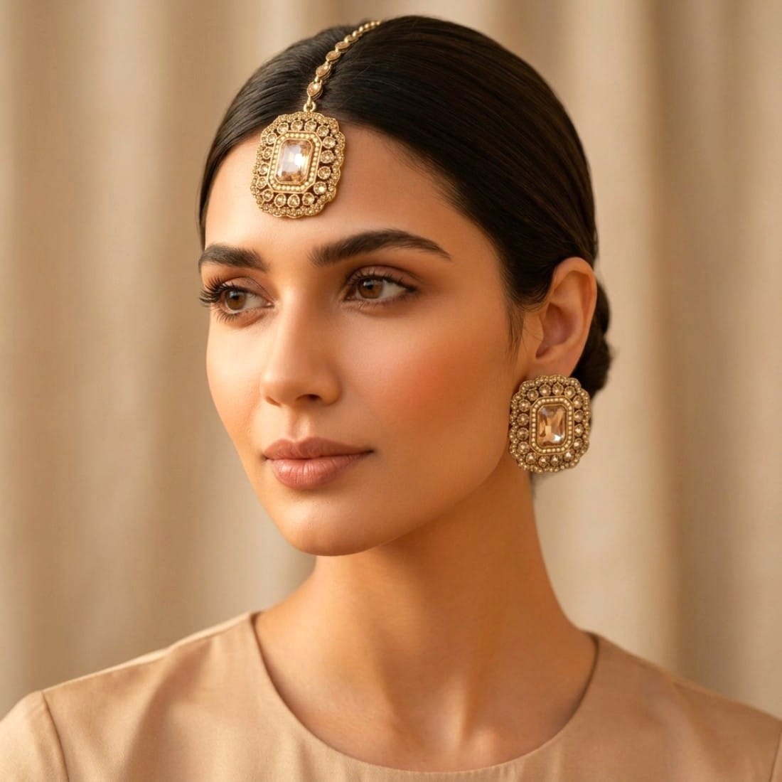 Champagne Color Earrings with Maangtikka Set