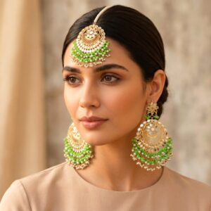 Green Mirror Earrings with Tikka