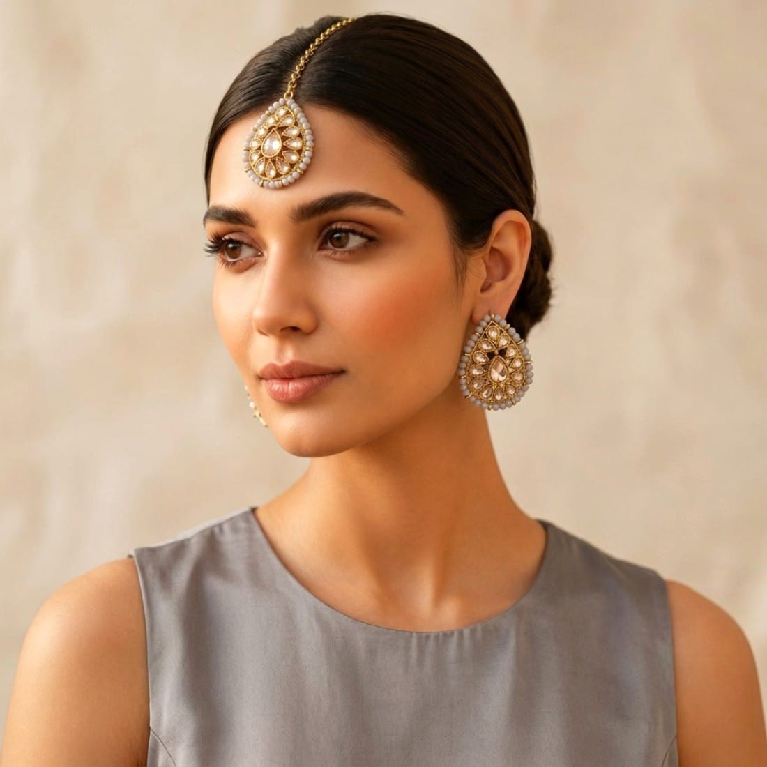 Grey Earrings Set with Tikka