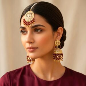 Maroon Heavy Jadau Jhumka Earrings for Punjabi Suit