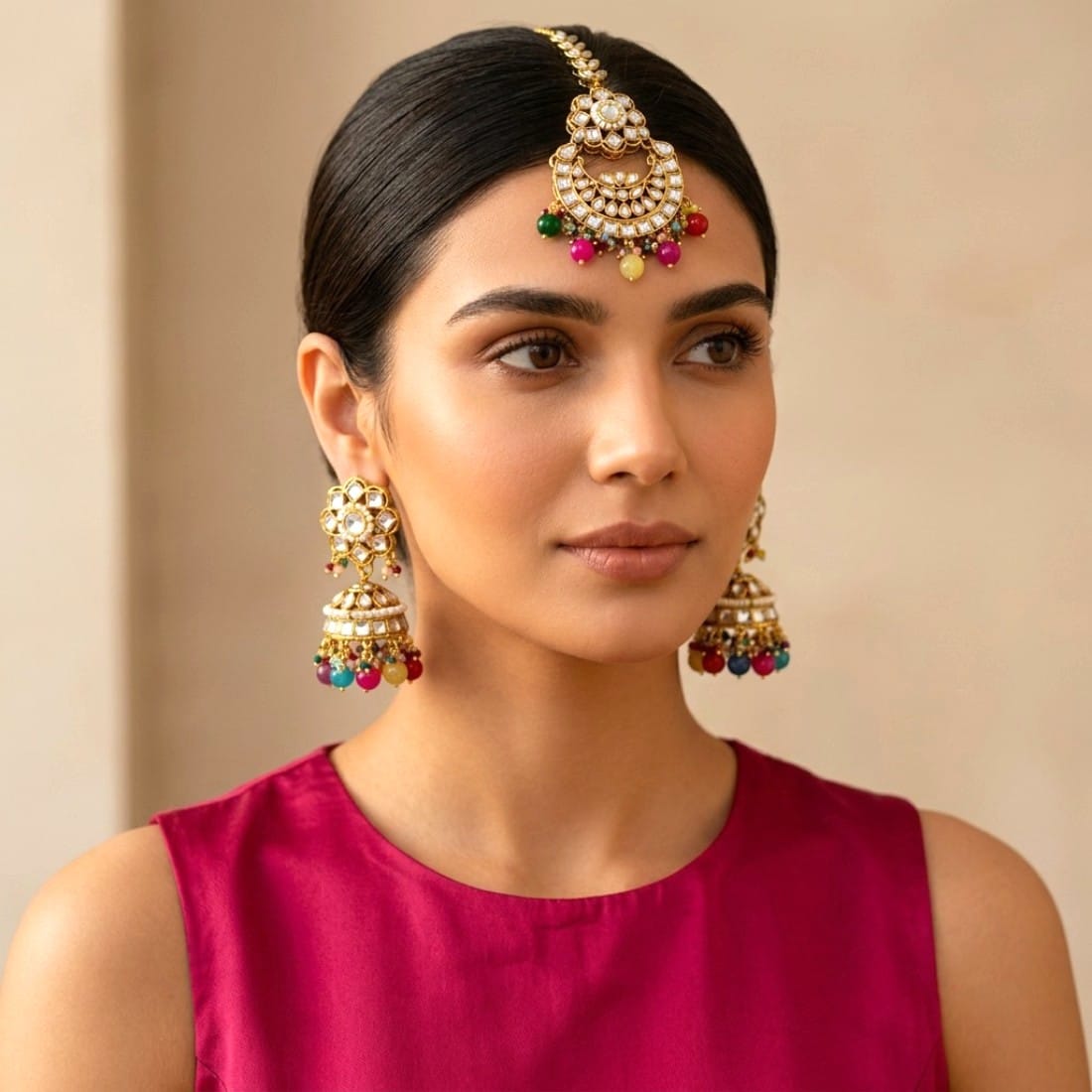 Nafisa Earrings and Maangtikka Set - Multicolor
