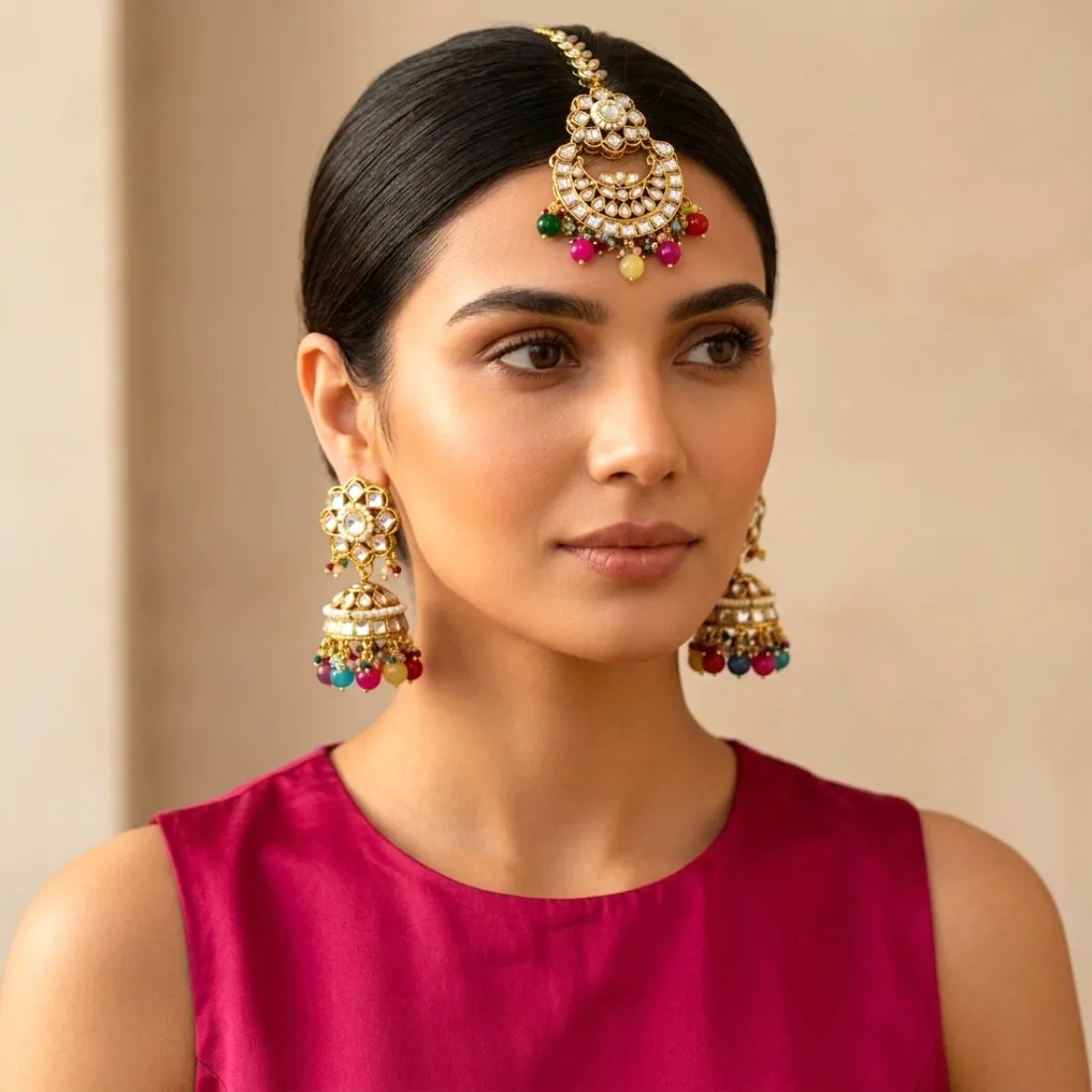 Nafisa Earrings and Maangtikka Set - Multicolor
