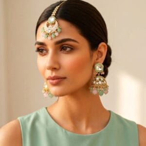 Pink Green Maangtikka with Earrings