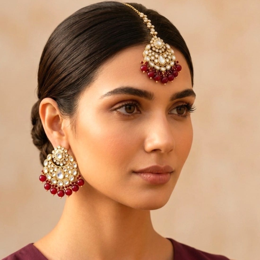 Reyhana Maangtikka with Earrings - Maroon