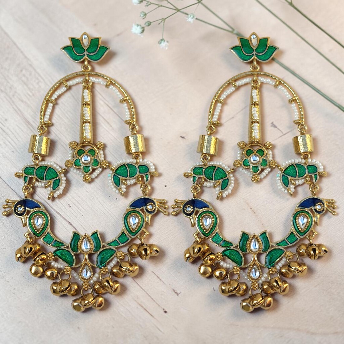 Green Meenakari Chandbali Earrings