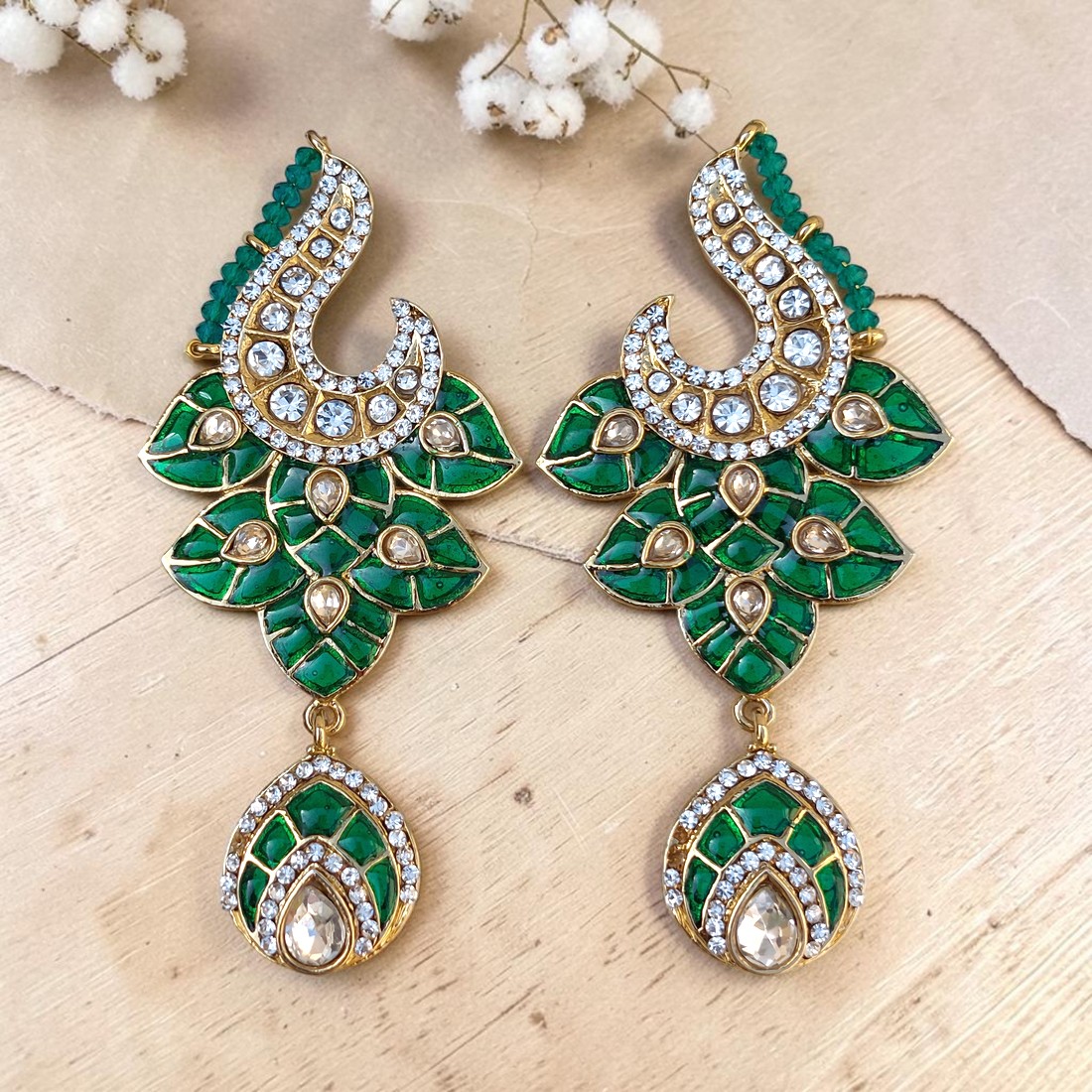Noor-e-Shahi Green Kundan Statement Earrings