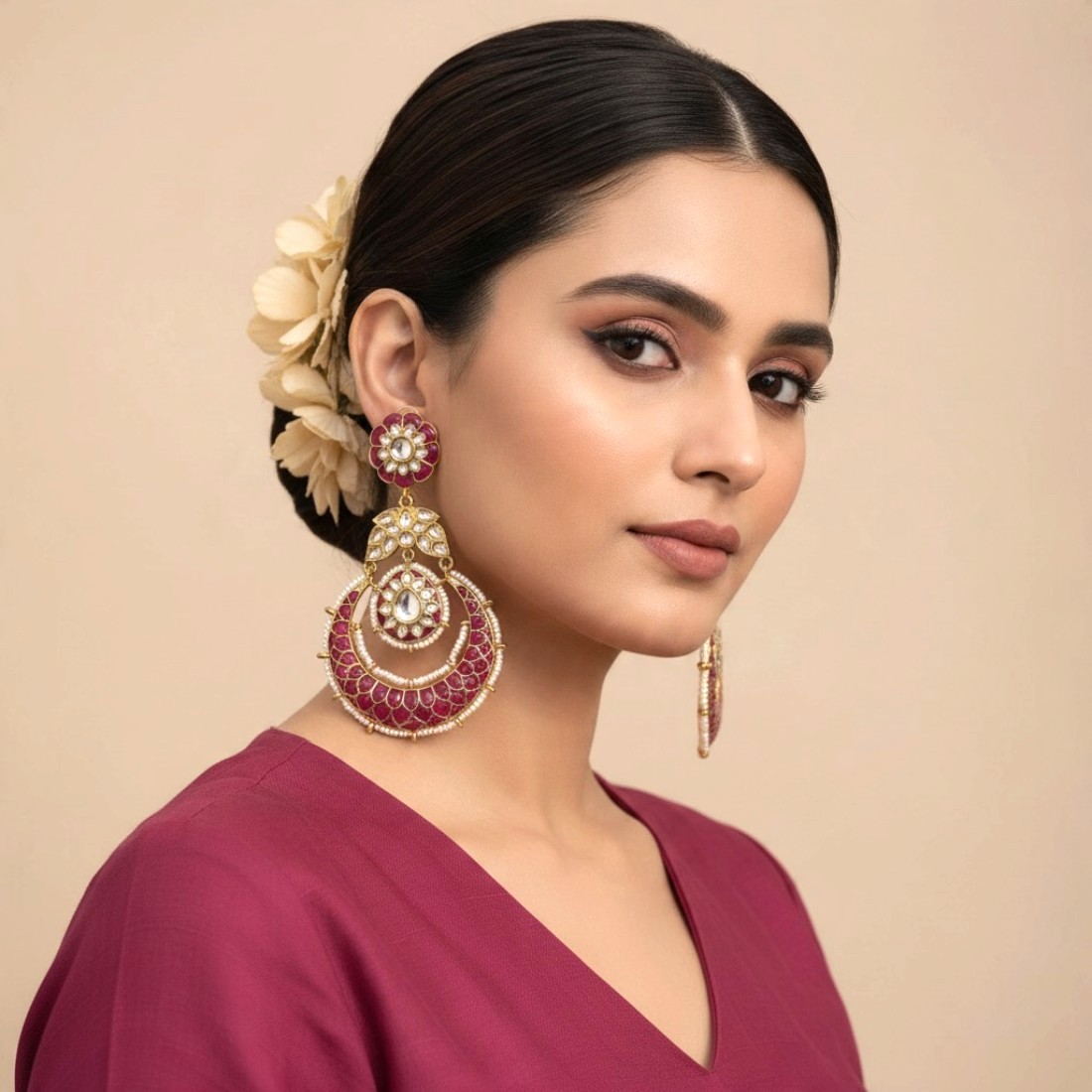 Pink Meher Kundan Chandbali Earrings